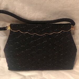 Elegant Vintage Black Beaded Art Deco Handbag with Gold Trim